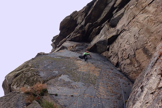 Will on Coal Face section of Suicide Wall, Bosigran - E1 5c  © Brian H