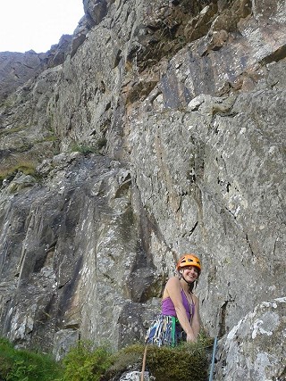 Emma Twyford at the foot of Dove Crag, about to flash Bucket Dynasty - E7  © James McHaffie