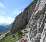 Daniel Heaton about halfway up leading "No Name" on Turlspitz in Dachstein, Austria
