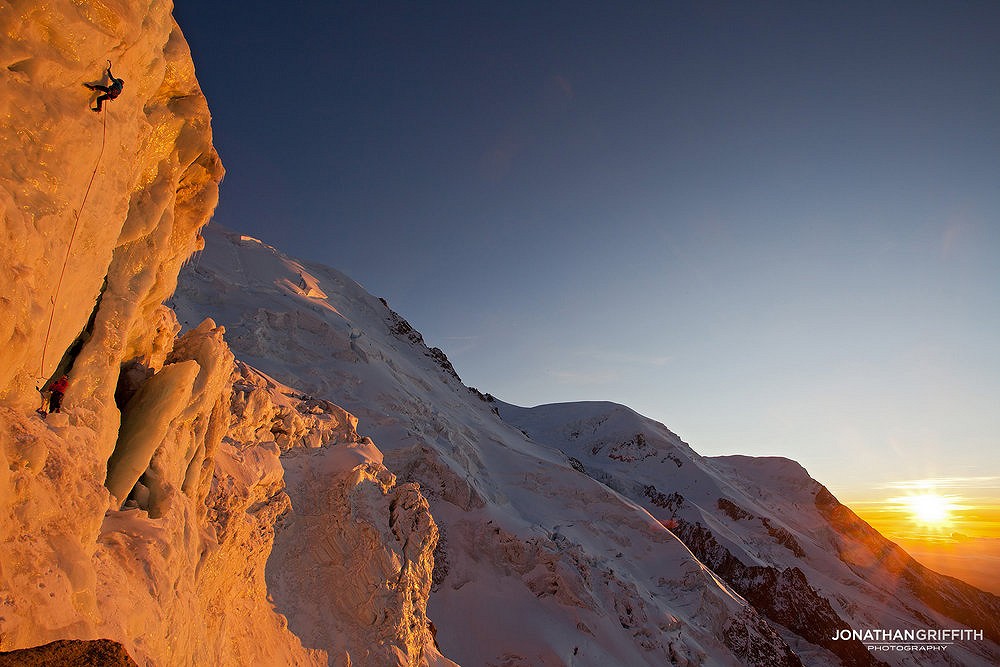 Andy Houseman on the steep serac ice of Grand Gargouille as the sun sets over Mont Blanc  © Jonathan Griffith