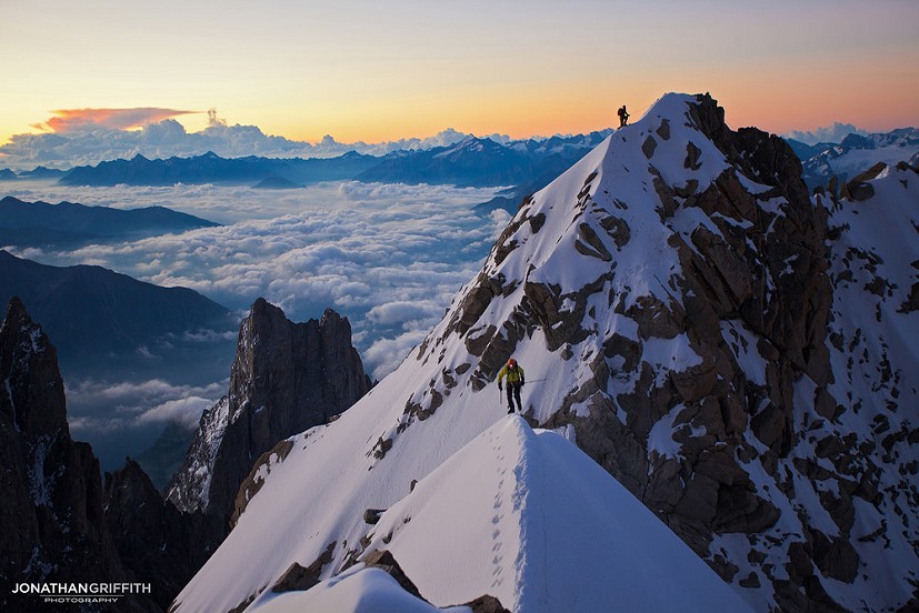Ally Swinton at daybreak on the Innominata Spur, Mont Blanc  © Jonathan Griffith