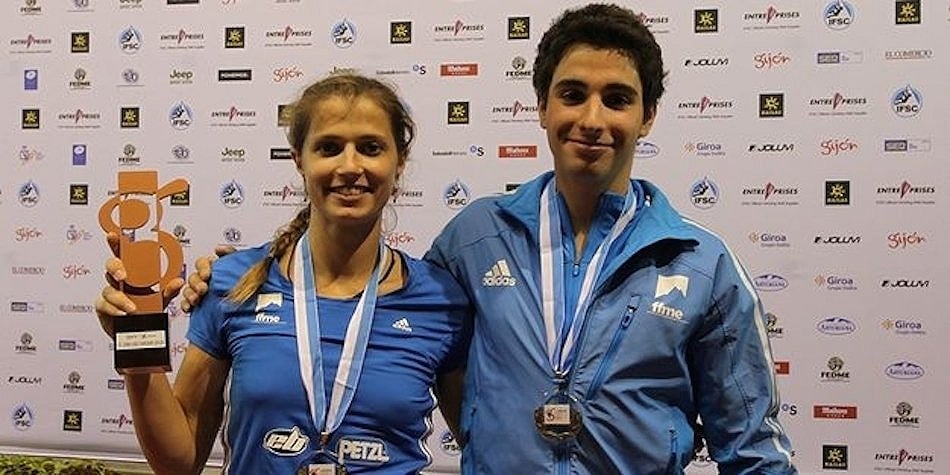 Charlotte Durif with French teammate Alban Levier who took Bronze in the Men's Overall competition  © FFME