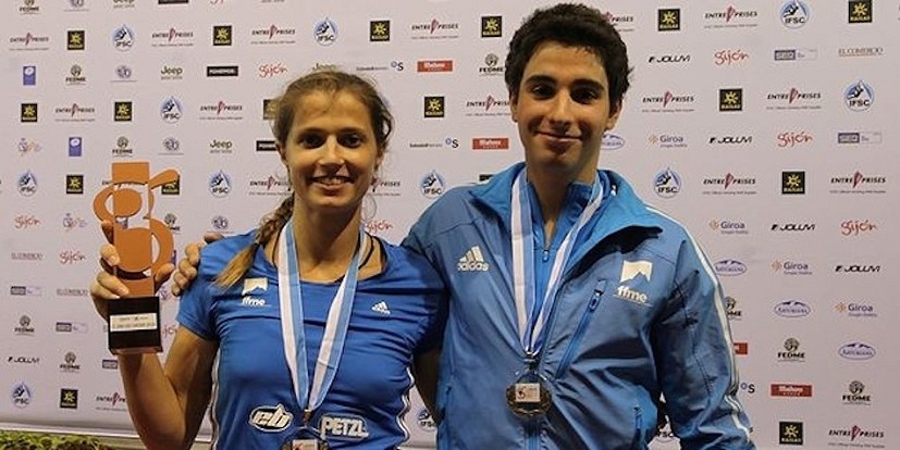Charlotte Durif with French teammate Alban Levier who took Bronze in the Men's Overall competition  © FFME
