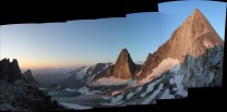 Sunrise over the Bugaboos, Approaching Bugaboo Spire's NE Ridge, with Snowpatch Spire behind