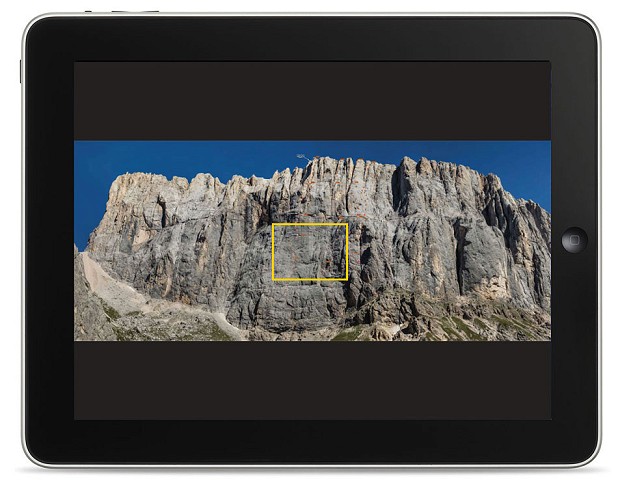The south face of the Marmolada. The yellow box is the zoom location on the screenshot below  © Rockfax