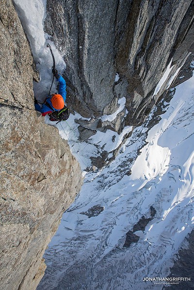 Julien Desecures on the last 100m of ice runnels of the route  © Jon Griffith - Alpine Exposures
