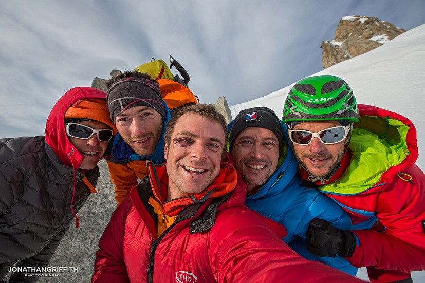 The team at the Canzio the day after. Bertrand, Korra, Jon, Julien, Seb  © Jon Griffith - Alpine Exposures