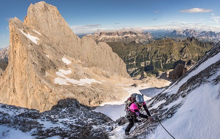Excellent conditions on the Marmolada West Ridge with views of the South Face and Sella Group  © James Rushforth