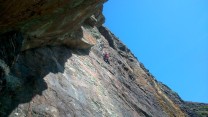 Mike running it out on wildly exposed headwall of Mercury