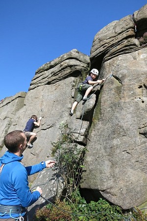 Olli's first trad lead (using the now shorter Corbie!), Gully Wall, Baslow.  © Toby Archer
