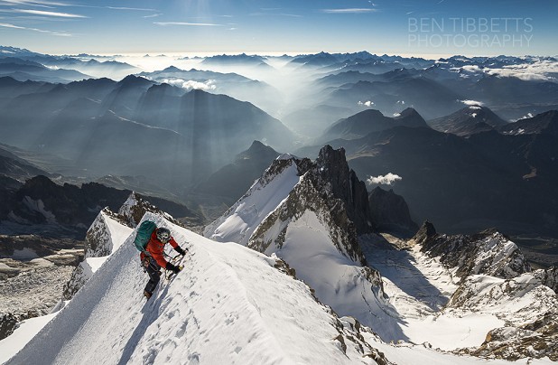 Valentine Fabre high on the Peuterey Arête to Mont Blanc de Cormayeur  © Ben Tibbetts