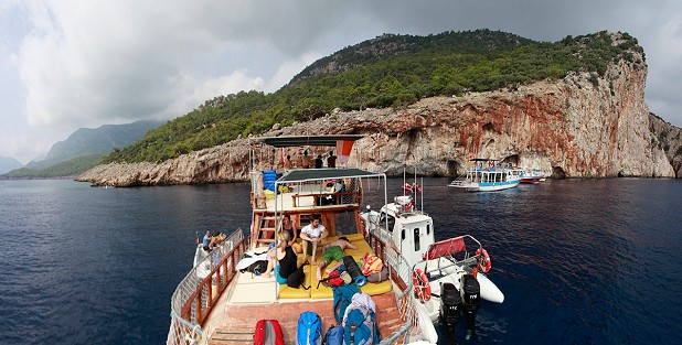 The beautiful but very high DWS crag 1 hour boat ride from Olympos  © Jack Geldard - UKC
