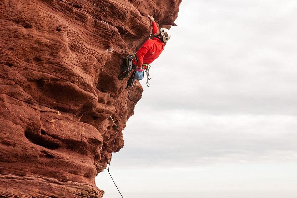 Phil Ebert testing the BDV Jacket and Pants in blustery weather: Arbroath Sea Cliff  © Christelle Gioanna