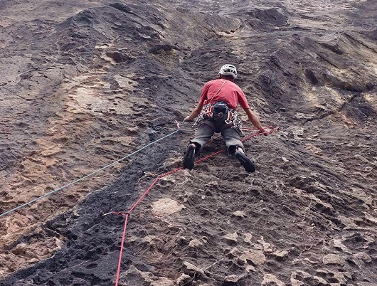 Pete about to set off on the runout but safe crux section of Them, E3 6a, - Upper Wall, Avon  © Brian H