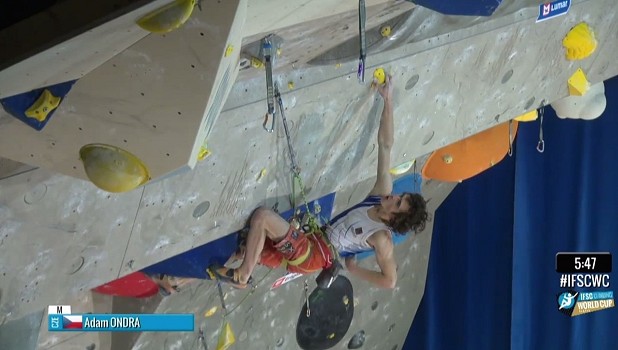 Adam Ondra competing in the final of the IFSC World Cup in Kranj, Slovenia  © UKC News
