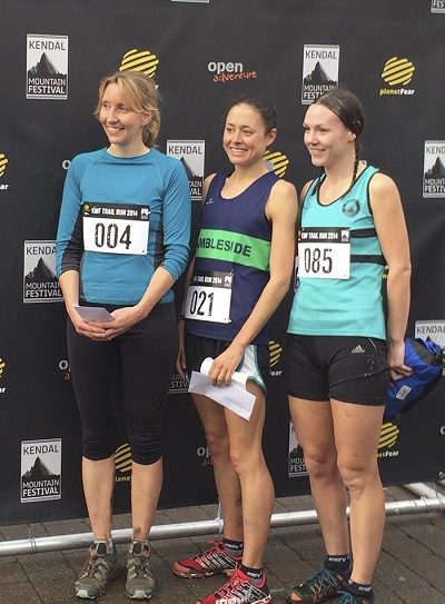 L to R: Claire Aspinall (3rd), Annie Conway (1st), Sharon Taylor (2nd) - the Women's KMF 10km Trail Race.  © Alan James
