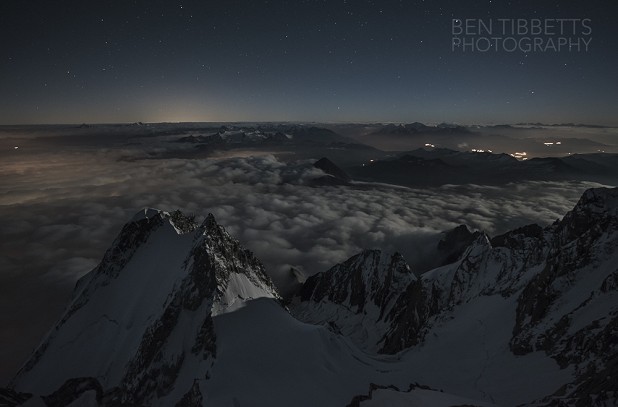 Moonlit view from bivouac on the Grand Pilier d'Angle summit down over Peuterey and Innominata ridge  © Ben Tibbetts