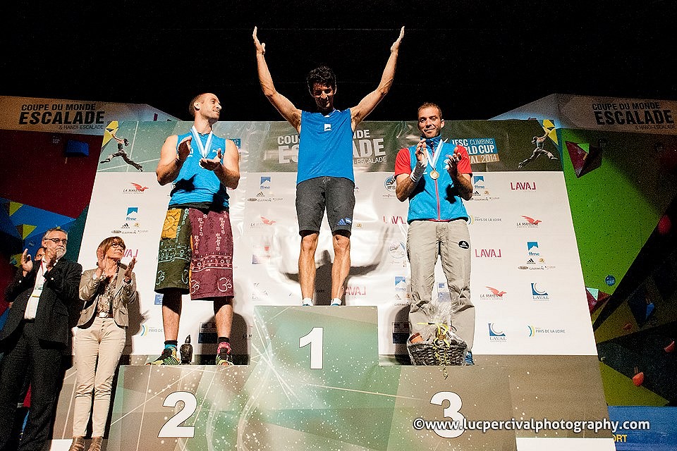 Dave on the podium at the Paraclimbing World Cup in Laval, France  © Luc Percival