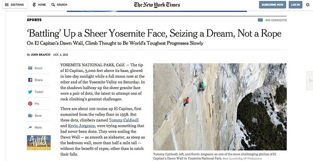 A screenshot of one of the New York Times articles featuring the Dawn Wall ascent  © UKC News