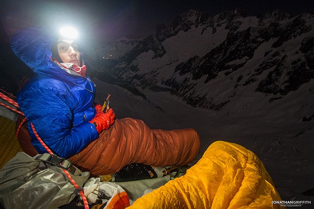 Ally and a full moon at our first bivvy on the face  © Jon Griffith
