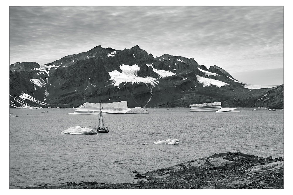 Mikkis Fjord, Brodretoppen and the Forbindelsgletscher; Yacht Dolphin at anchor.  © Manannon
