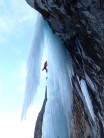 Jake Wrathall leading the crux of Hard Ice In The Rock Direct
