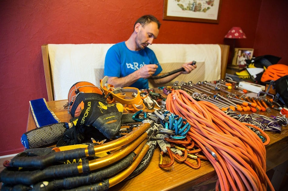 French Mountain Rescue Professional Jeff Mercier sorts his gear for Kandersteg  © Rab