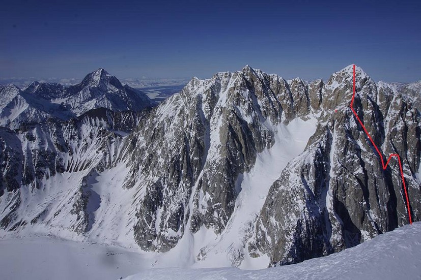 The line of the route showing the previously unclimbed right summit of Jezebel  © Clint Helander