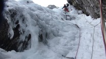 Top pitch of Vanishing gully - thin / melting ice required a delicate approach