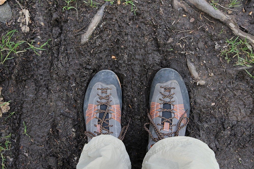 Deep mud and slippery tree roots, standard approach terrain and no problem for the Scarpa Crux  © UKC Gear