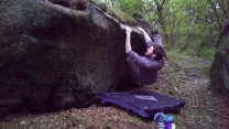 Working 'The Big Loubowski' on the recently unearthed Pork Pie Boulder at Caley crag.