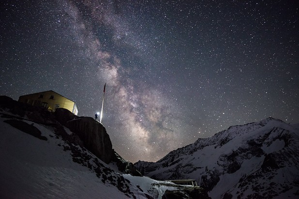 Stuart Johnston at the Konkordia Hut under the Milky Way (Bernese Oberland)  © Ben Tibbetts