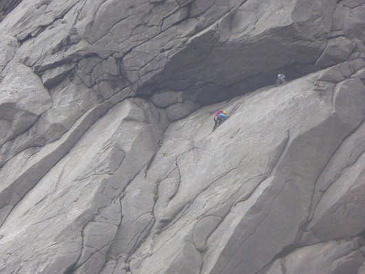 Unknown climbers beneath the great roof on Sou'wester Slabs  © Howard J