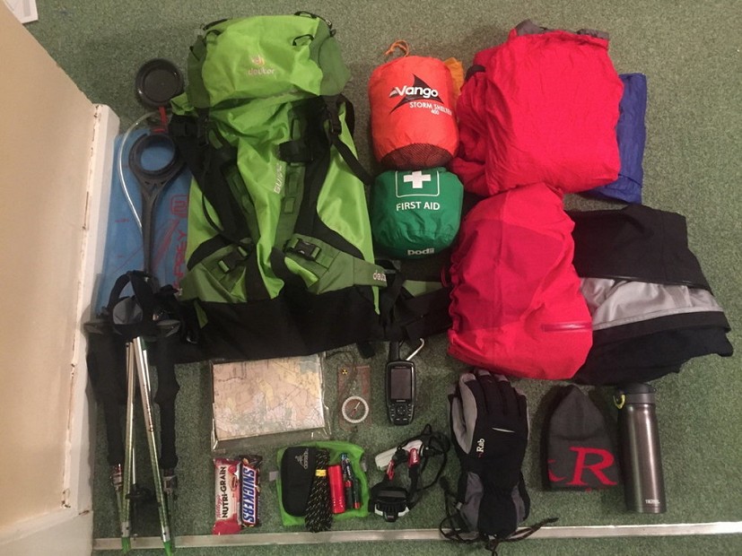 What's in Barry's pack? Warm and waterproof clothes, headtorch, map & compass, first aid kit, bothy bag, food...   © Barry Thomas