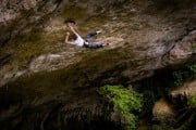 Lowie Lamberechts on Tractosaur, 8b, at l'Oasif, Gorges du Tarn<br>© jwi