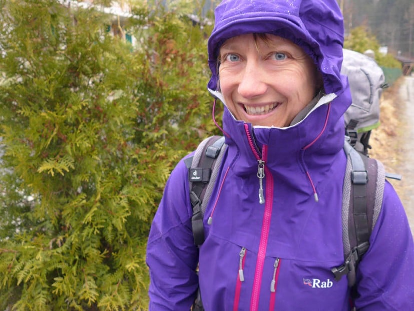 The Rab Women's Neo Guide Jacket beading in the rain  © Emily Andrew Collection