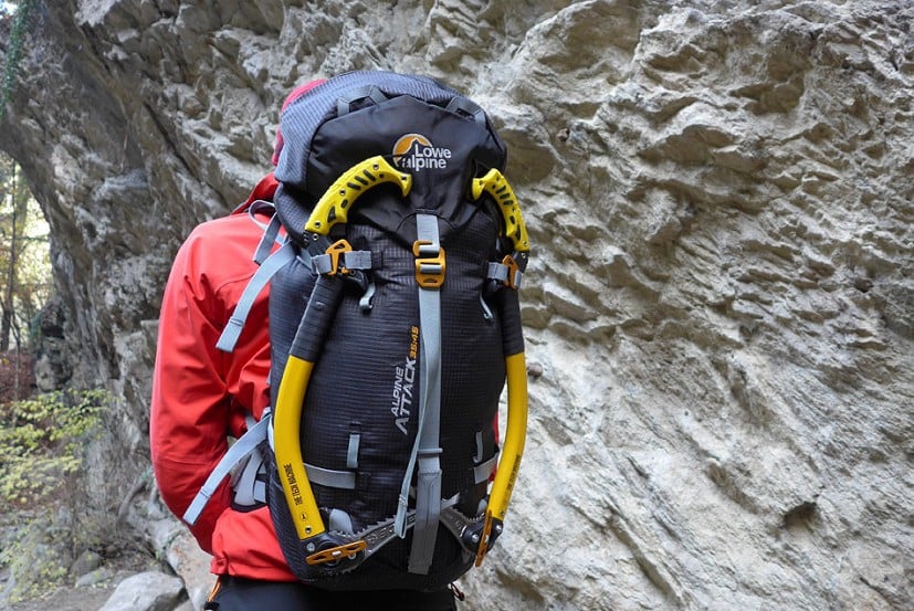 The Alpine Attack from Lowe Alpine, loaded with gear and two axes securely attached  © UKC Gear