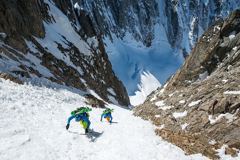 Ross Hewitt and Tom Grant climbing the SW couloir of the Aiguille de l'Amône (to ski the NE face)  © Ben Tibbetts