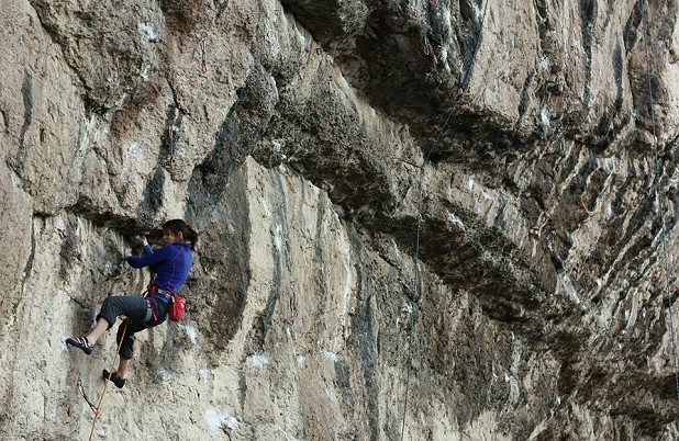 Emma Twyford climbing her third 8b - Melancholie  © Glyn Hudson