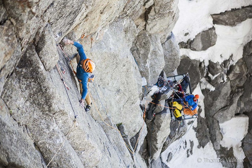Cedric Lachat on the first free ascent of Ballade au Clair de Lune - 8b  © Thomas Viallettet