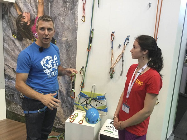 Natalie checks out the new gear from the Climbing Technology stand  © Alan James