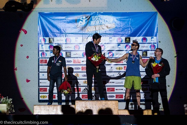 Dave Bowes delighted on the IFSC Paraclimbing World Cup podium  © The Circuit Climbing