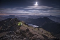 Moonlight wild camp on Garnedd Ugain, Snowdonia, Wales