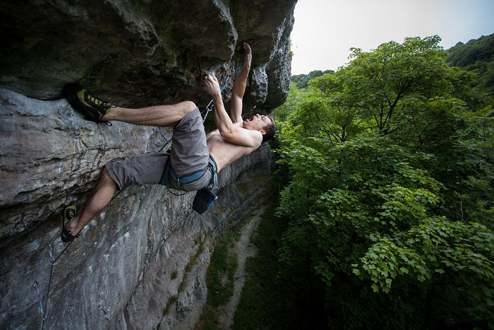 Gareth Cokell on my most recent project, The Free Monster at Water-cum-Jolly, a route so steep that factoring in more time to chalk up was not an option  © Rob Greenwood - UKClimbing