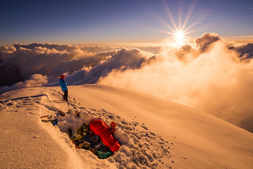 Laurent Soyris and Gabriel Mazur bivi on Verte summit after climbing the excellent Grand Montets ridge!  © Ben Tibbetts