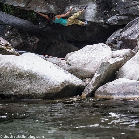 Megan Mascarenas on The Riverbed, ~8B, Magic wood, Switzerland  © Eddie Fowke/The Circuit Climbing