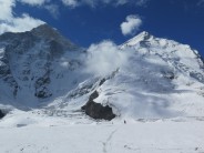 view of khan tengri and peak chapaev from base camp
