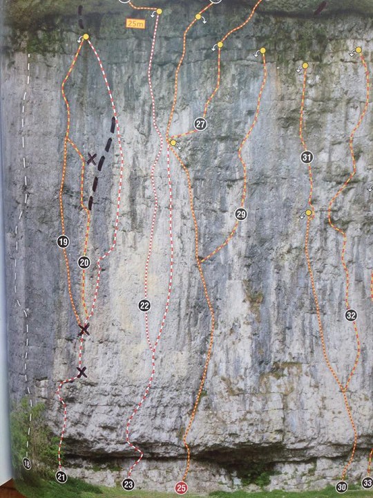 The line of Premonition 8b+ with the new bolts marked   © Neil Gresham