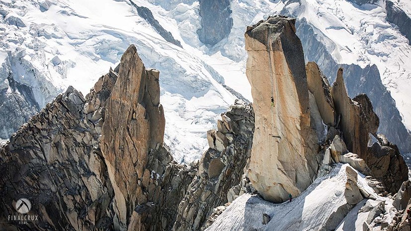 Robbie on the short and sharp Digital Crack (8a) Aiguille du Midi, Chamonix  © Finalcrux Films