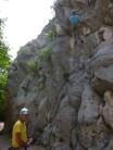 Route Auhe in Paklenica Gorge. Rockcat belayed by Arwel